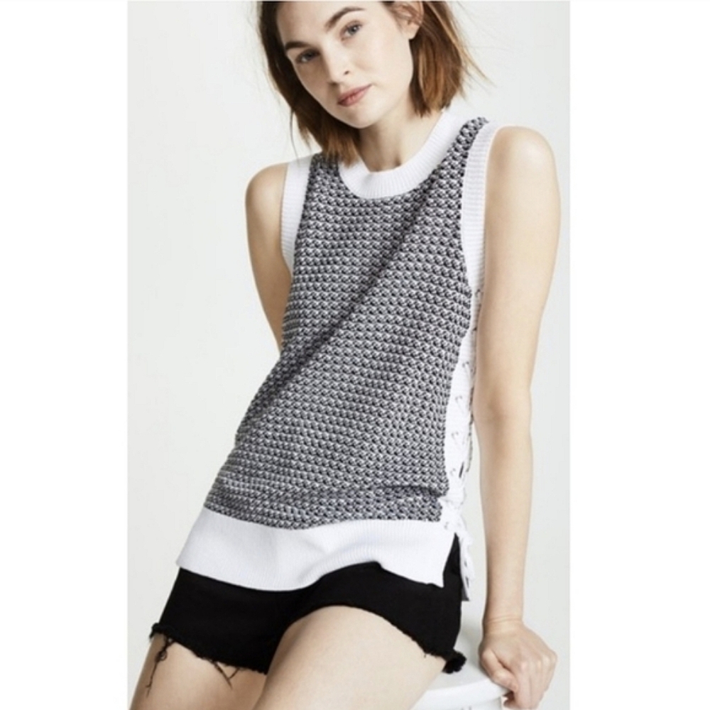 NWOT Rag & Bone Iona Lace Up Side Black White Knit Tank Top Vest 100% Cotton M